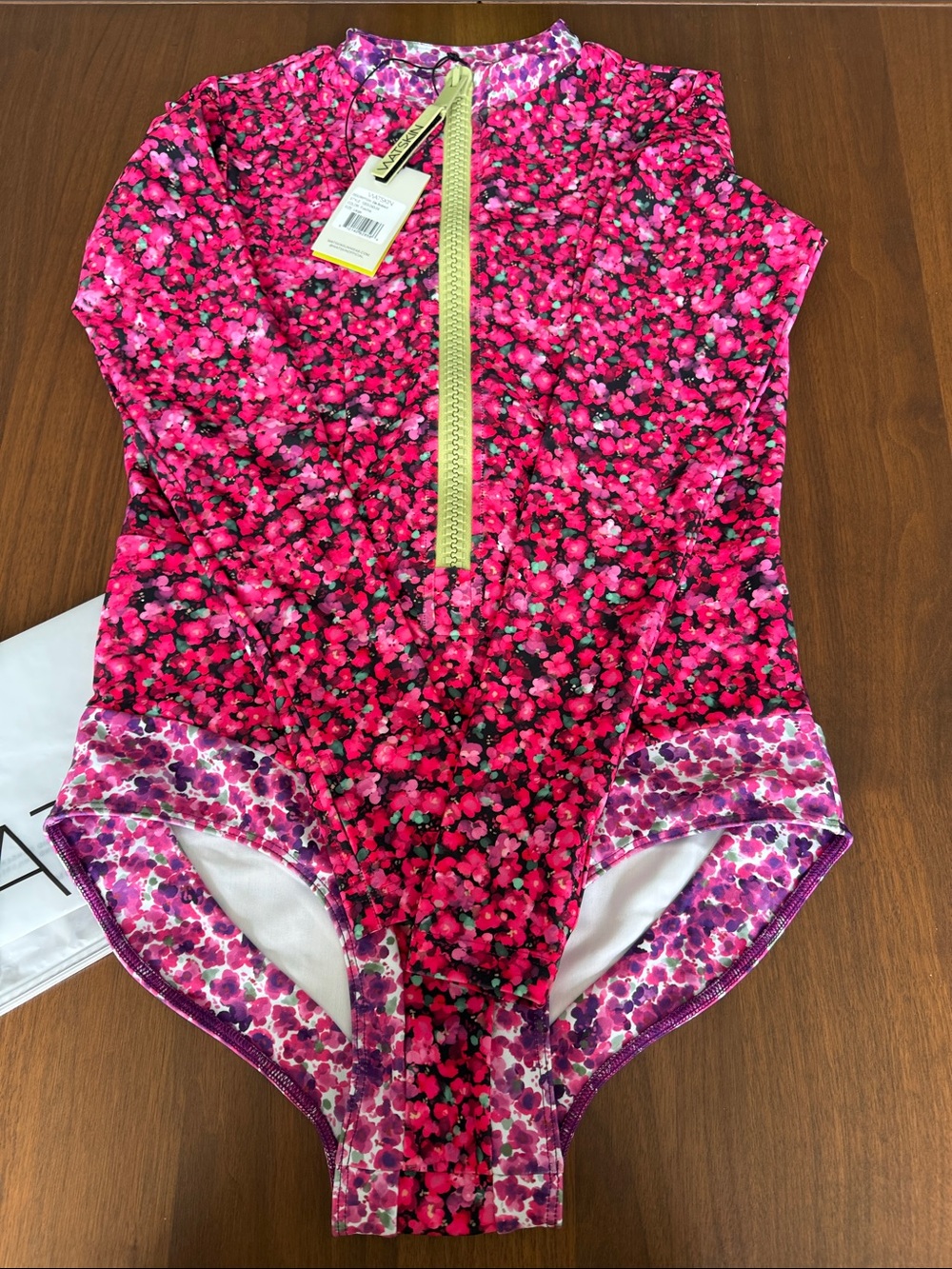 WATSKIN “Ella” Bodysuit Fushia  with Lime Zipper. Sz L NWT